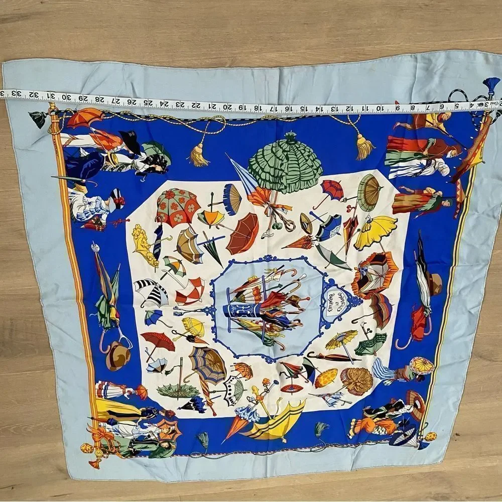 Hermes Blue Silk Square Scarf Ombrelles et Parapluies Umbrellas France 1998